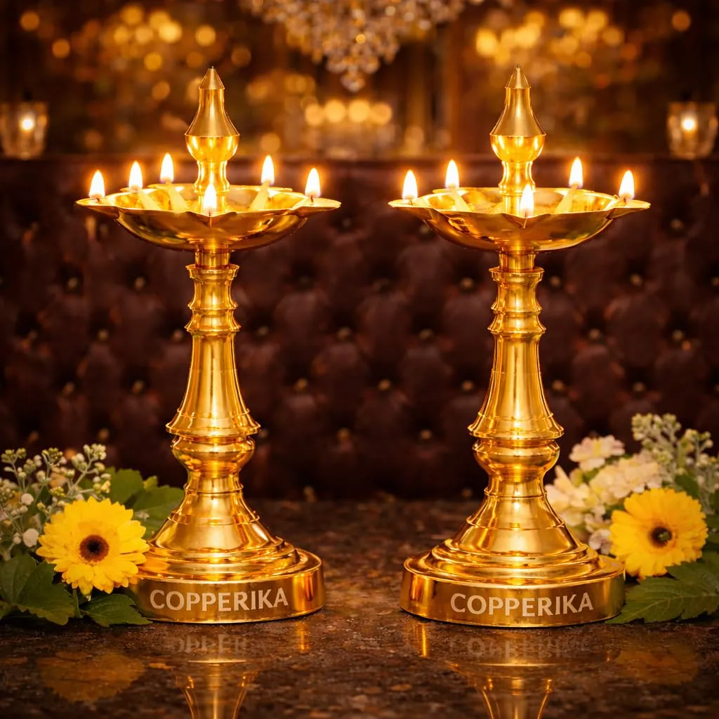 Premium 100% Pure Brass Diya Kerala Samai 12 Inch (Set of 2) Pital Long Brass Diya Oil Lamp Deepam Lamp Kutthu vilakku